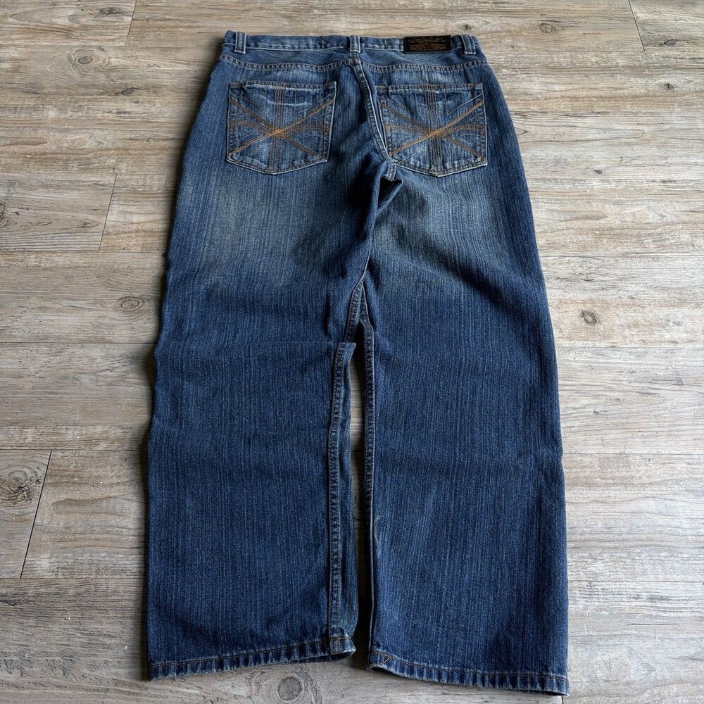 Vintage Y2K NBN Gear Baggy Wide Leg Dark Wash Denim Embroidered Jeans size 36x30